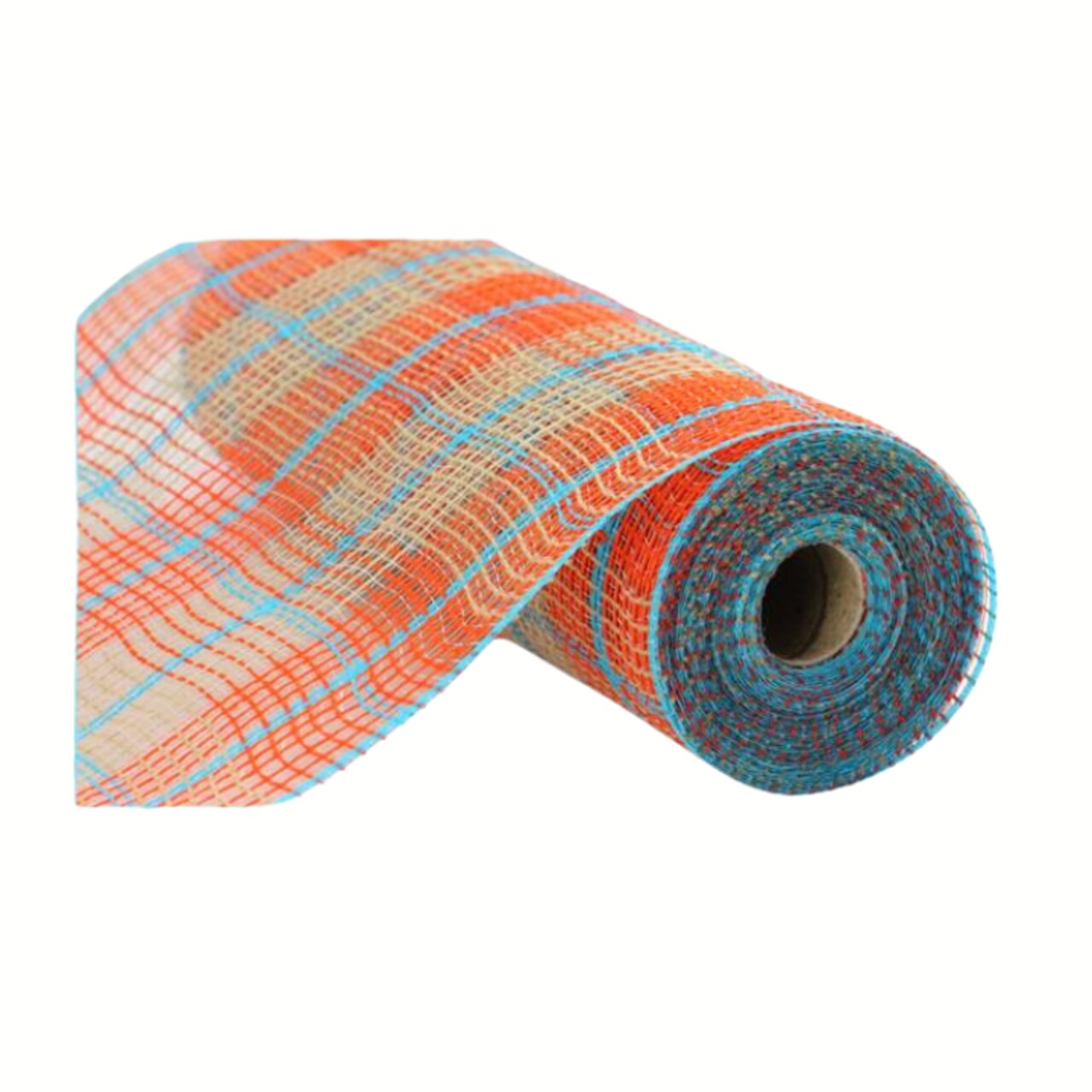 10.25" x 10yd Fall Plaid Faux Jute Mesh Roll - Orange, Natural & Turquoise, Ideal for Wreath Making-RY8331X4